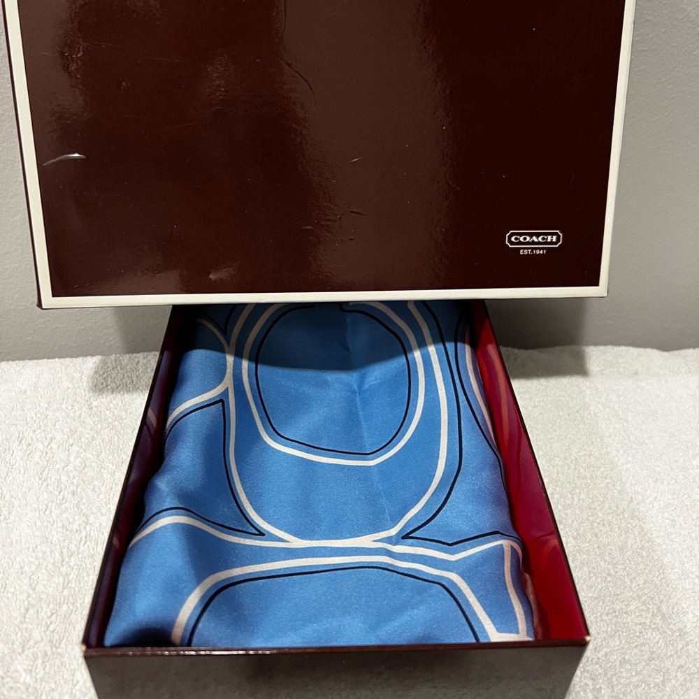 NWOT: Coach 100% Silk Scarf in Light Blue, Dark Blue, & White